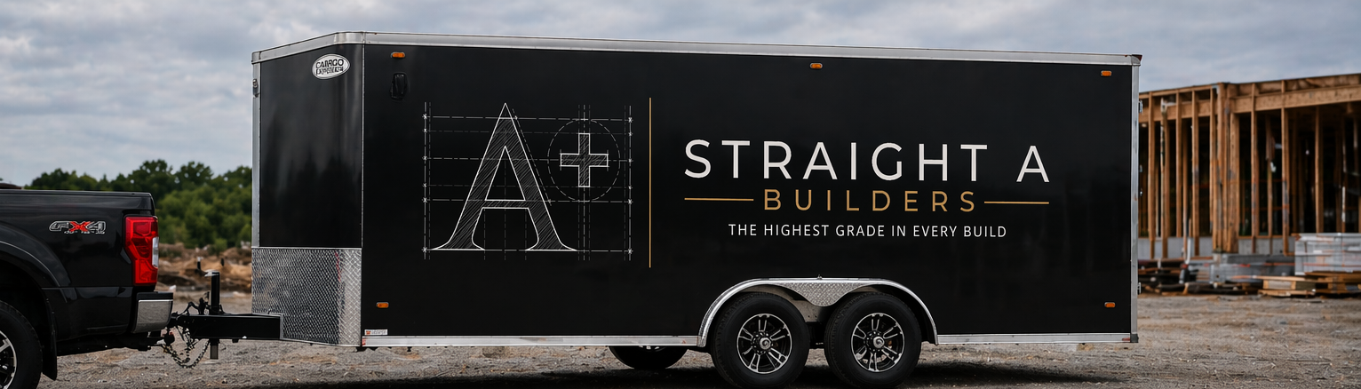 Straight A Builders enclosed jobsite trailer with branded wrap